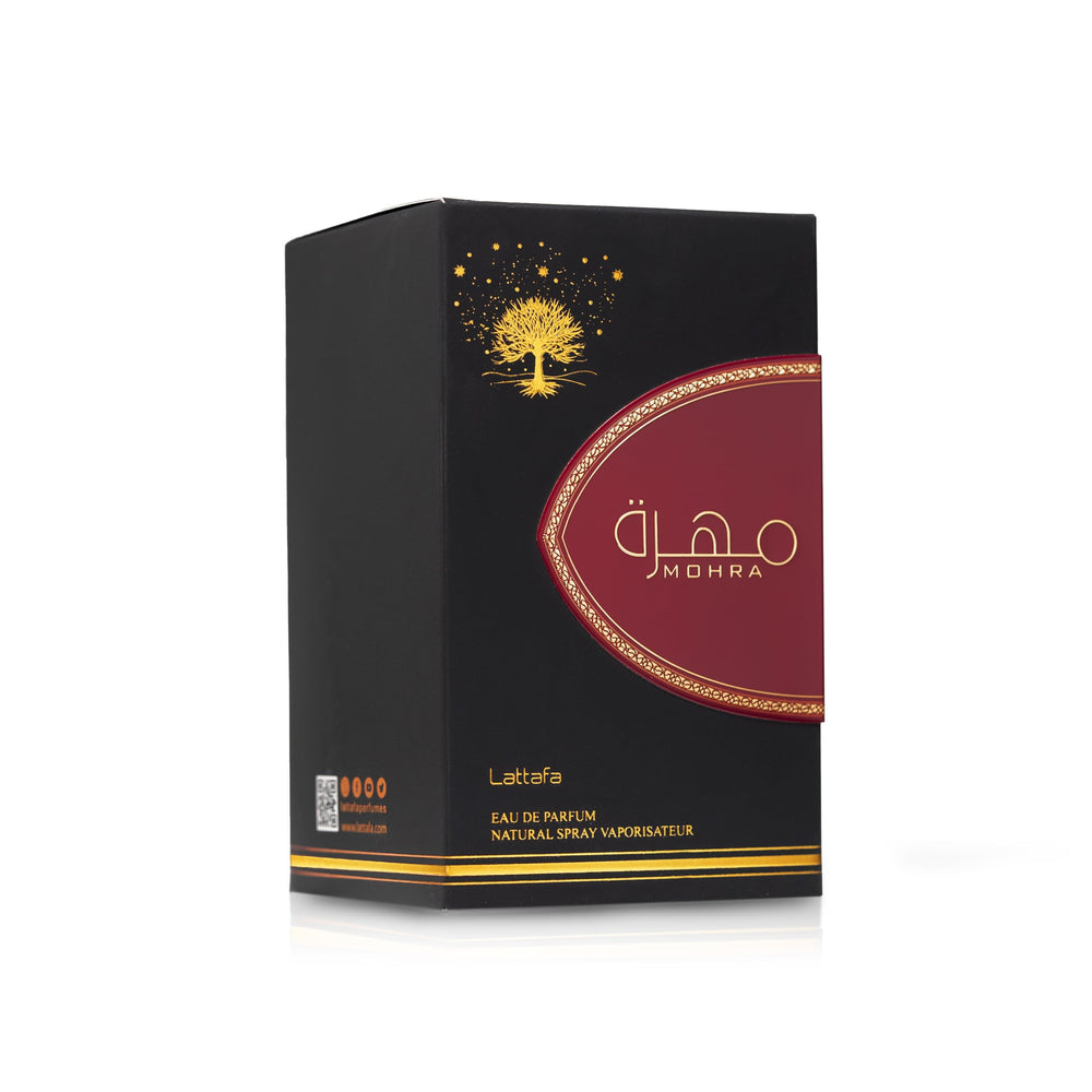 Lattafa Mohra mid-notes visual, pepper and rose create refined warmth.