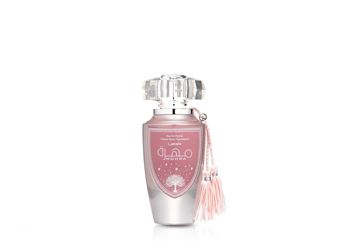 Lattafa Mohra Silky Rose bottle on vanity ideal for romantic evenings