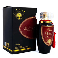 Lattafa Mohra top-notes visual, saffron and lavender hint at vibrant opening.