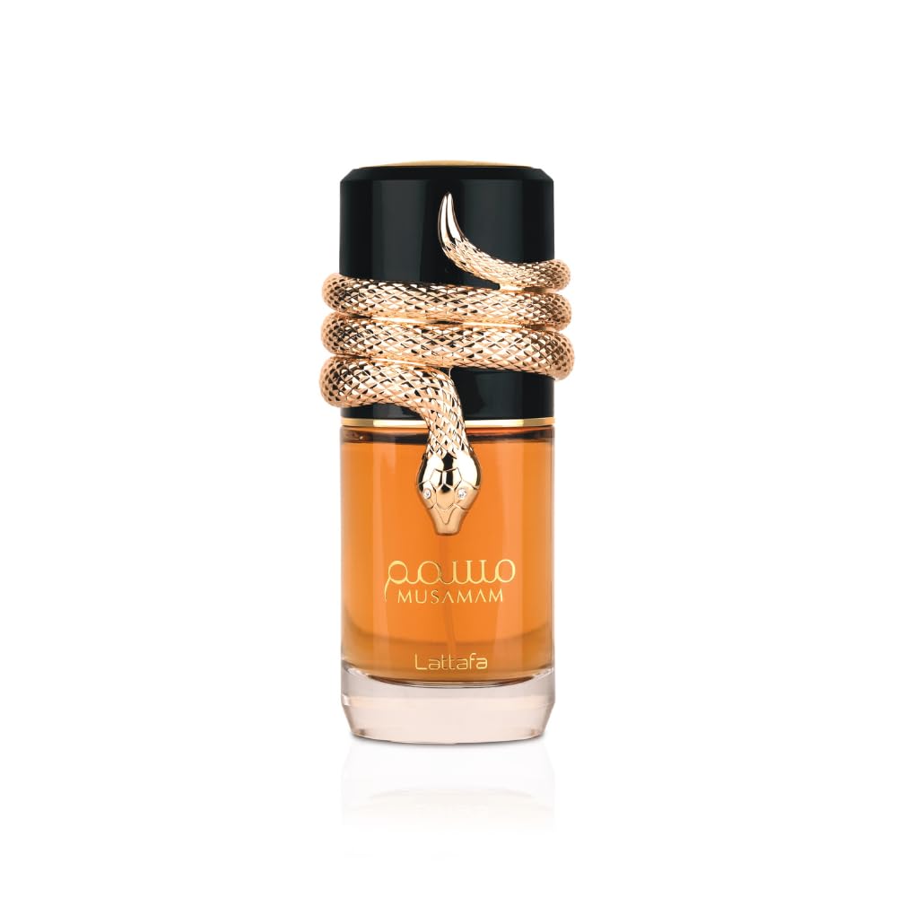 Lattafa Musamam bottle front view suggests a velvety unisex fragrance for daily wear.