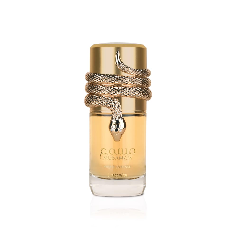 Lattafa Musamam White Intense bottle close-up for daily wear and refined style.