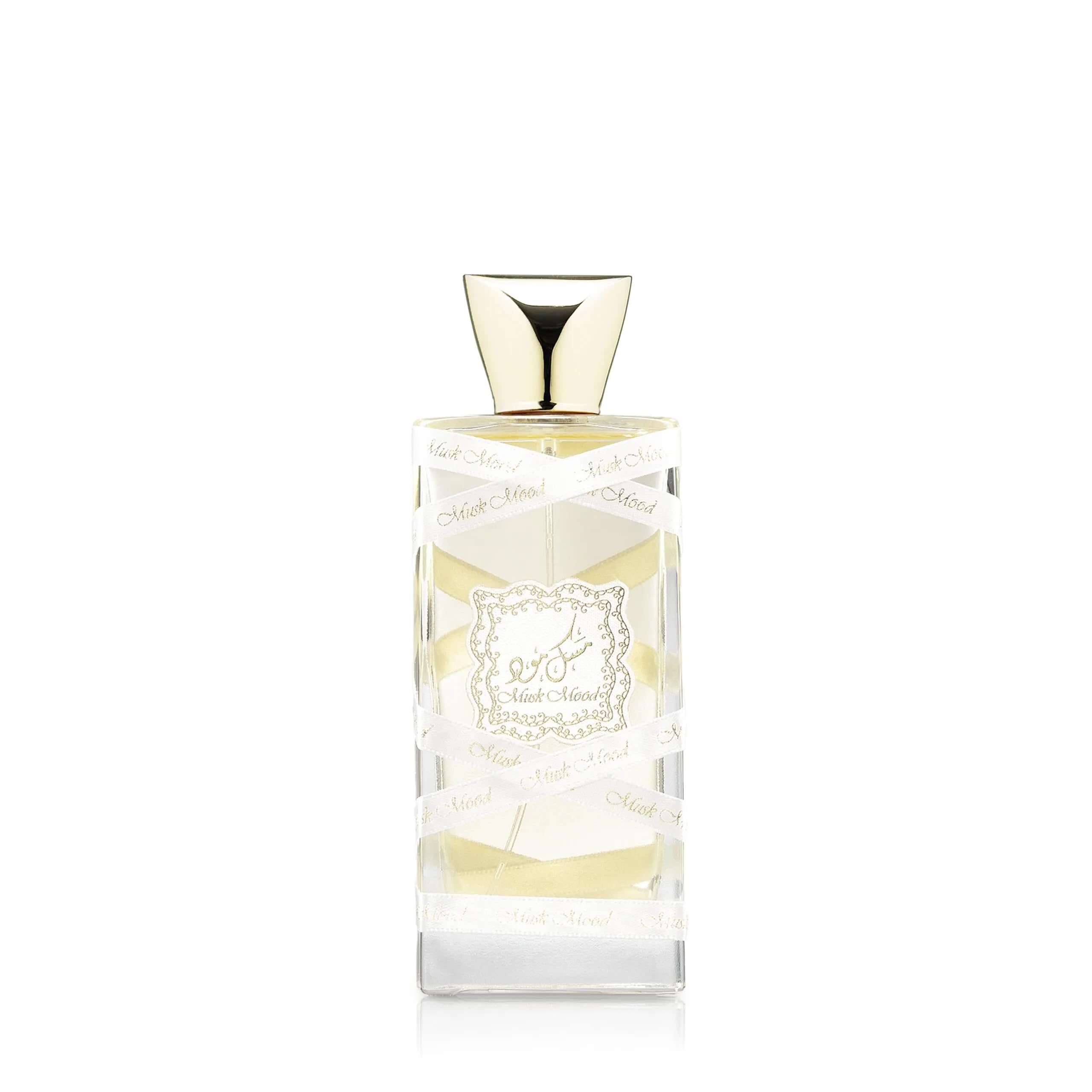 Lattafa Musk Mood bottle close-up highlights white musk for daily wear.
