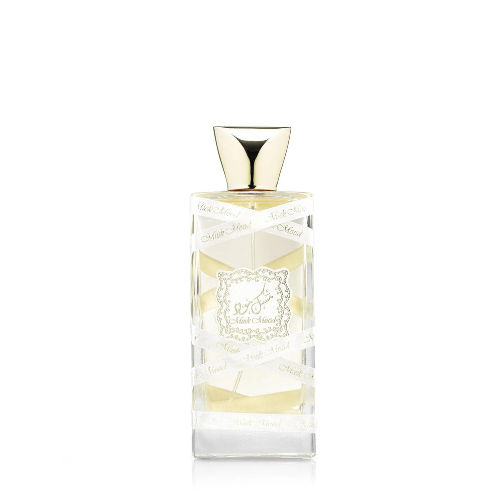 Lattafa Musk Mood bottle close-up highlights white musk for daily wear.