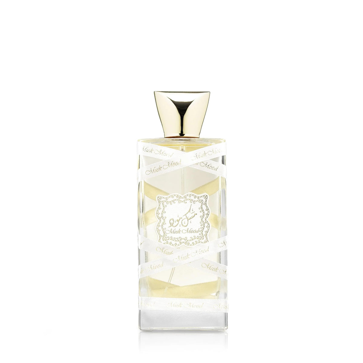 Lattafa Musk Mood bottle close-up highlights white musk for daily wear.