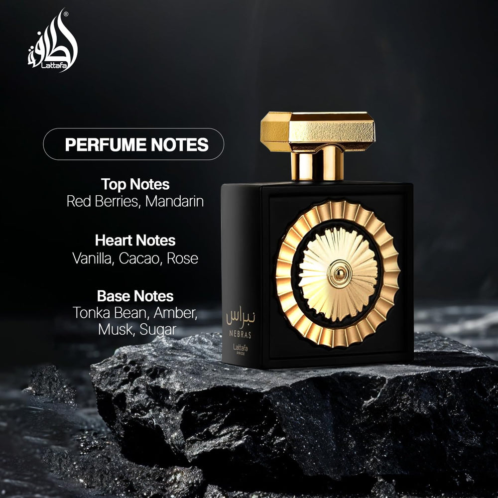 Lattafa Nebras bottle close-up with cap reveals premium finish for gifting.