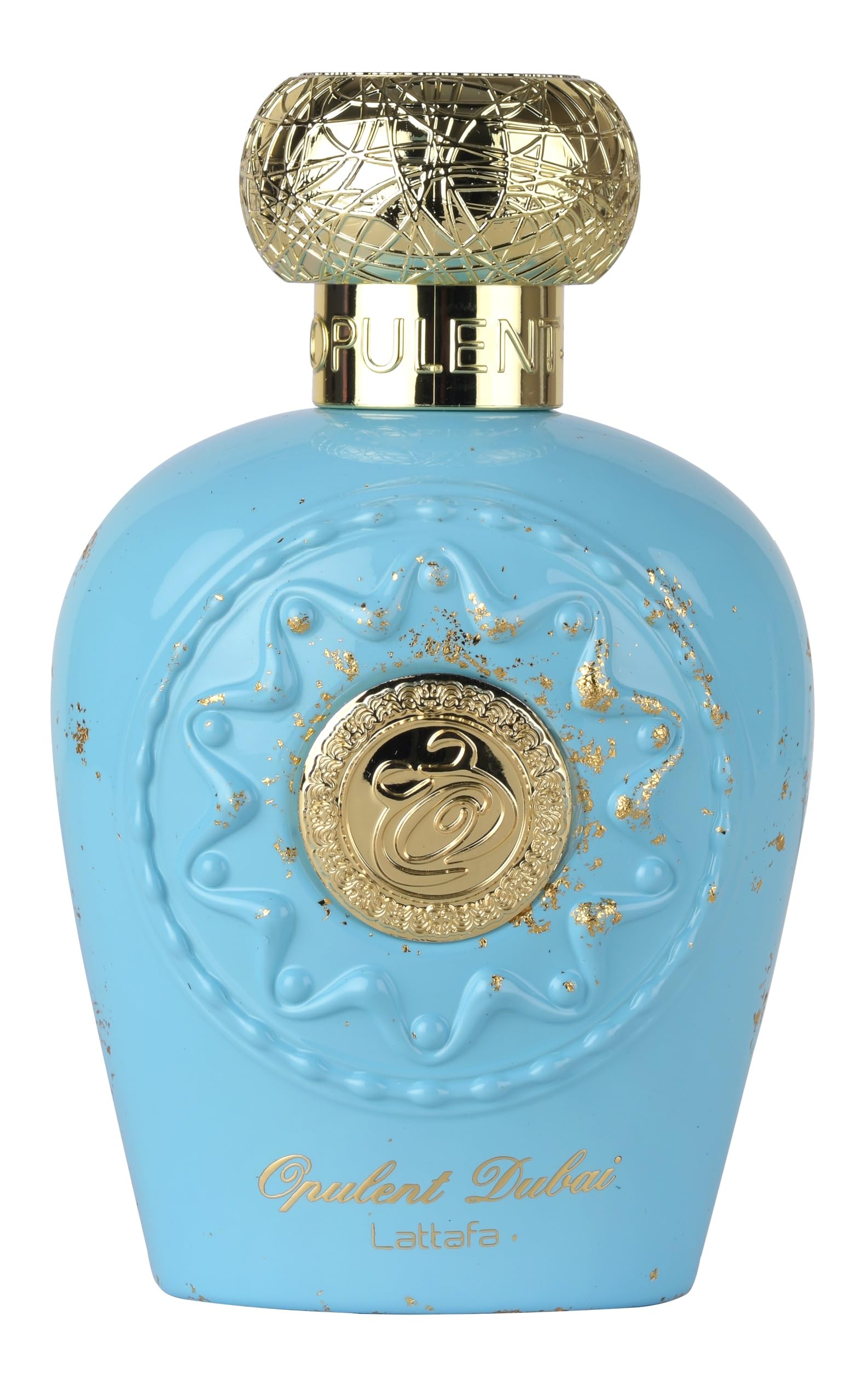 Lattafa Opulent Dubai bottle-front showcases luxury detailing for a refined shelf display