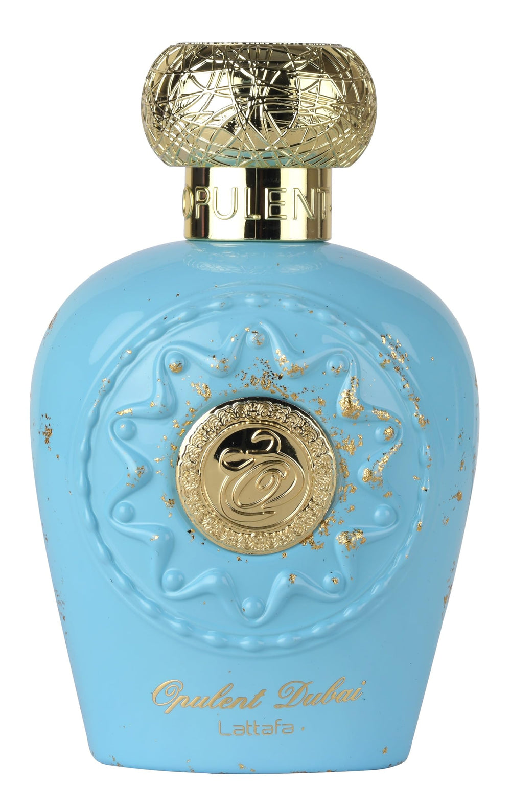 Lattafa Opulent Dubai bottle-front showcases luxury detailing for a refined shelf display