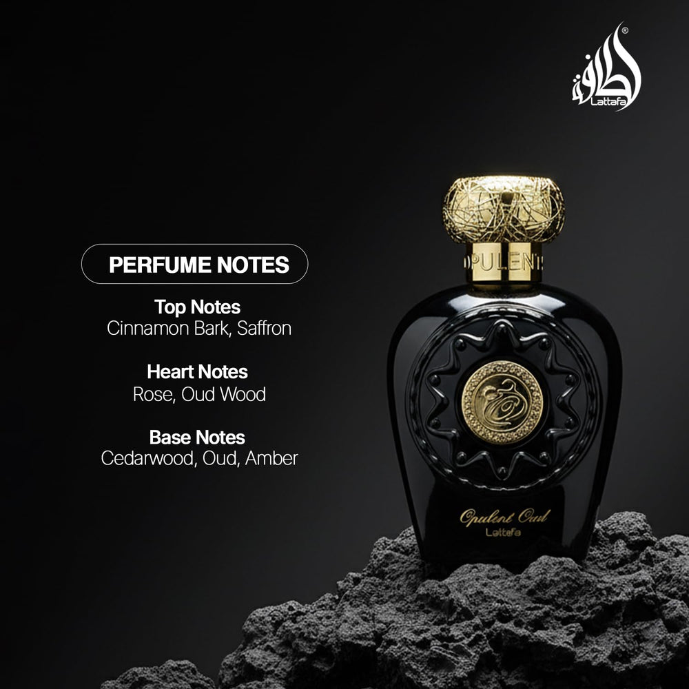 Lattafa Opulent Oud bottle closeup, rich oud and amber tones for date nights.