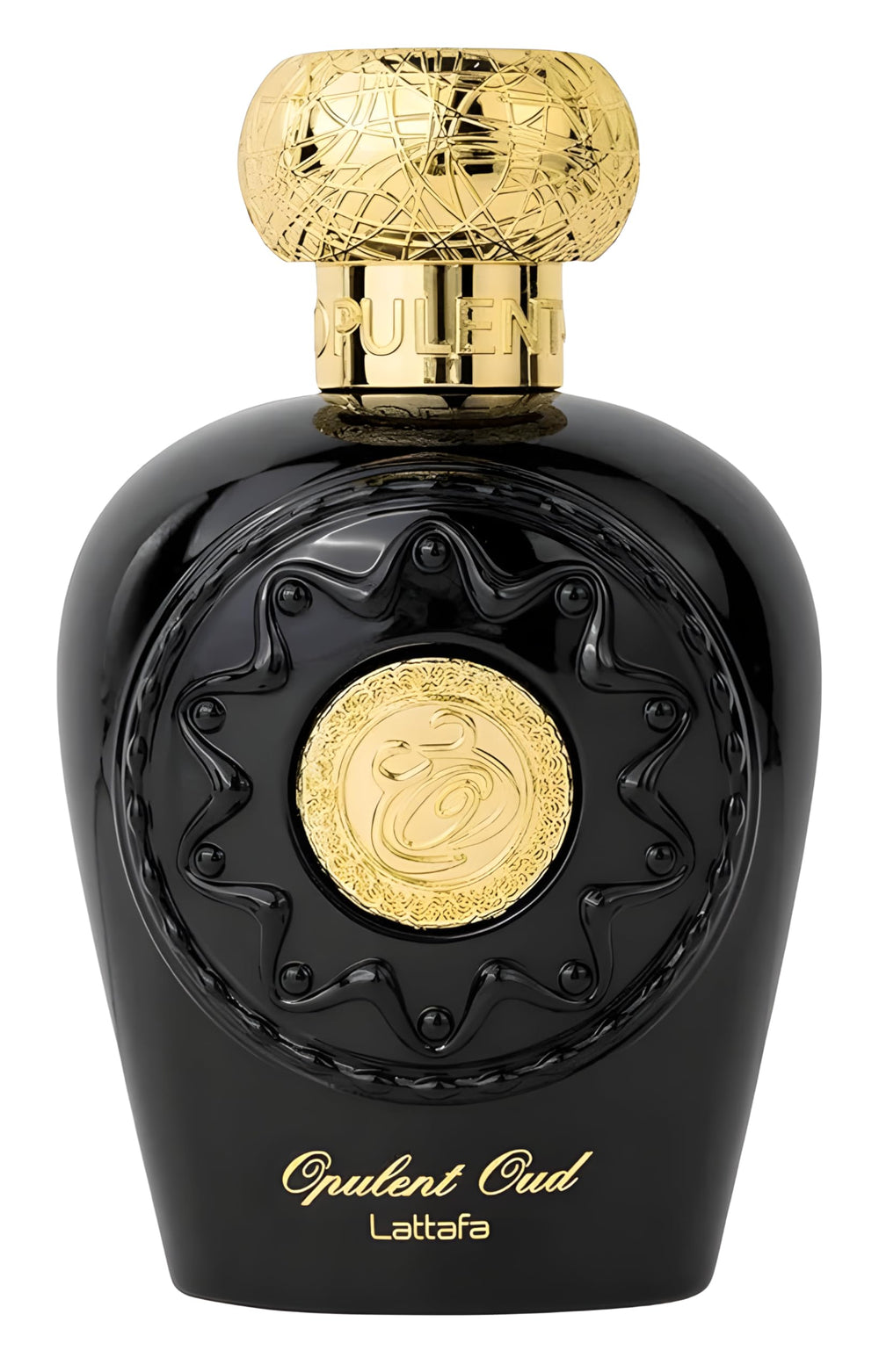 Lattafa Opulent Oud bottle front, a bold unisex fragrance for evening wear.