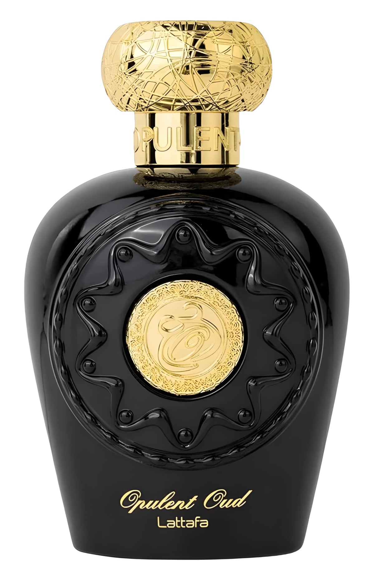 Lattafa Opulent Oud bottle front, a bold unisex fragrance for evening wear.