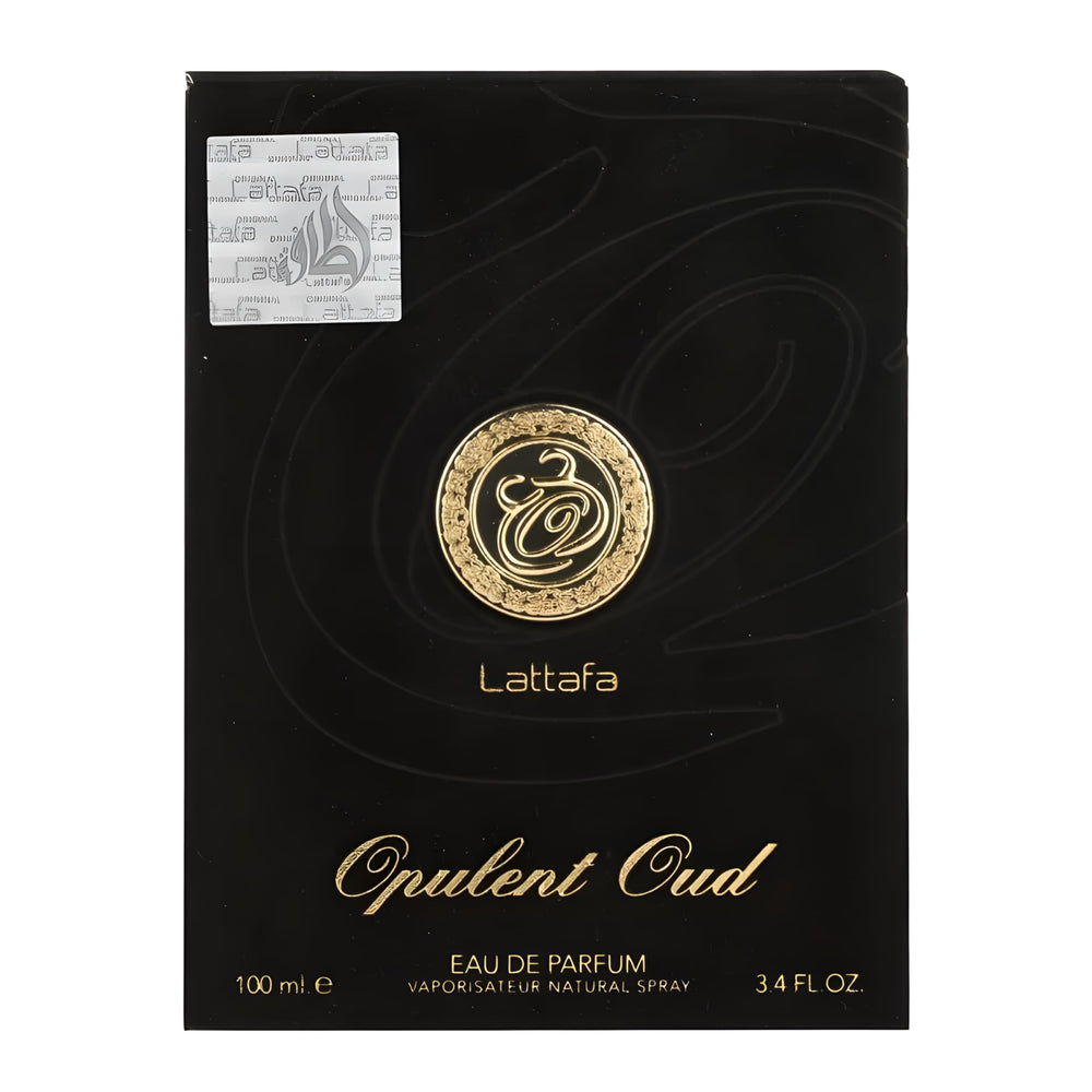 Lattafa Opulent Oud bottle on surface, sleek profile suggesting versatile day-to-night wear.