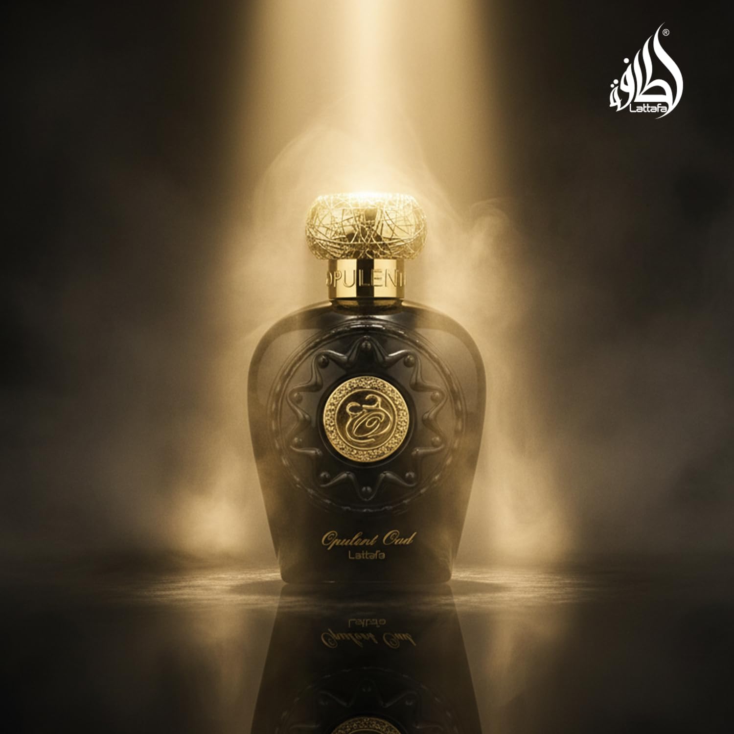 Lattafa Opulent Oud top-notes close-up, saffron and citrus hints awaken curiosity.