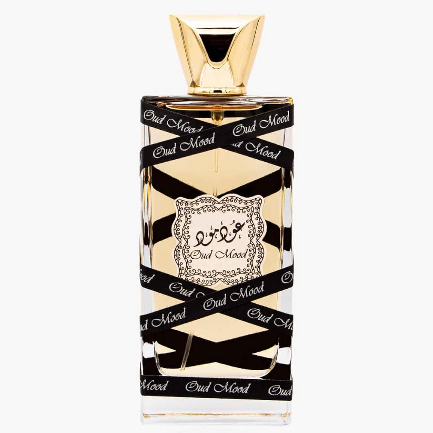 Lattafa Oud Mood bottle angled view highlighting unisex fragrance and premium packaging.