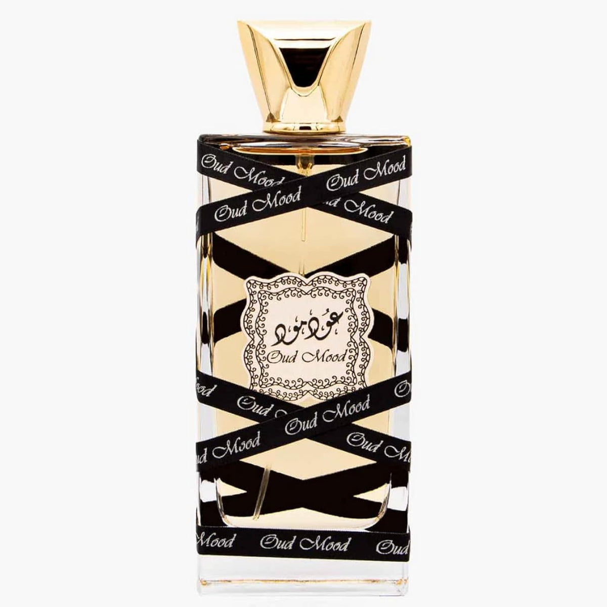 Lattafa Oud Mood bottle angled view highlighting unisex fragrance and premium packaging.