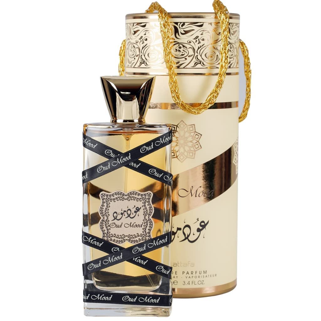 Lattafa Oud Mood unisex perfume in a 3.4 oz bottle for both genders.