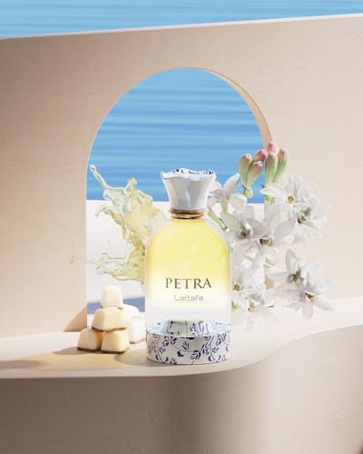 Lattafa Petra bottle closeup highlights lush notes for day-to-night wear.