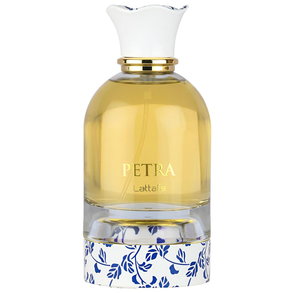 Lattafa Petra bottle front displays elegant design for evenings out.