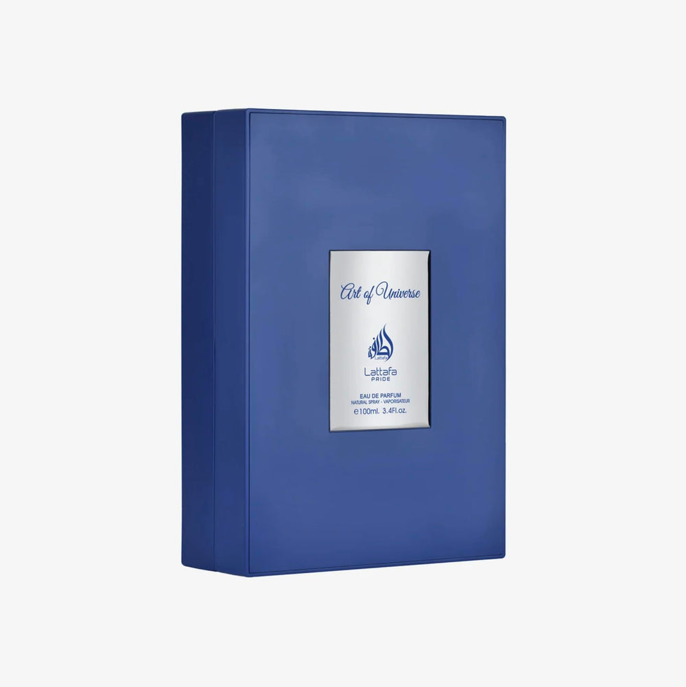 Lattafa Pride Art of Universe packaging display emphasizing premium unisex fragrance for gifting.