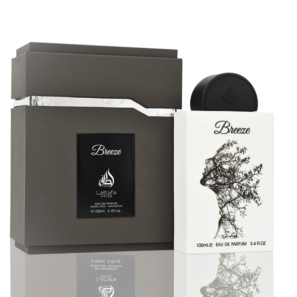 Lattafa Pride Breeze bottle front showcases a refined, unisex fragrance for everyday elegance and calm.