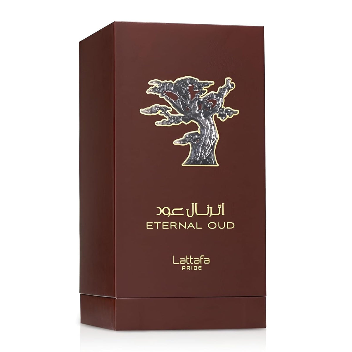 Lattafa Pride Eternal Oud bottle on display with amber-woody scent promise