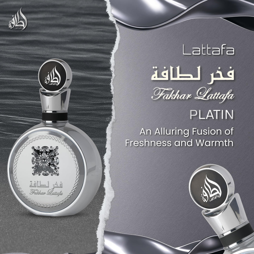 Lattafa Pride Fakhar Platin bottle angled shot, sleek silhouette for elegant evenings.