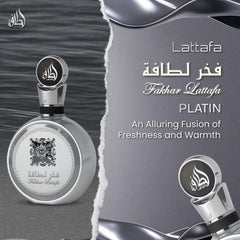 Lattafa Pride Fakhar Platin bottle angled shot, sleek silhouette for elegant evenings.