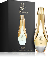 Lattafa Pride Gharam bottle back; rich notes like pear and tangerine evoke fresh, confident moments.