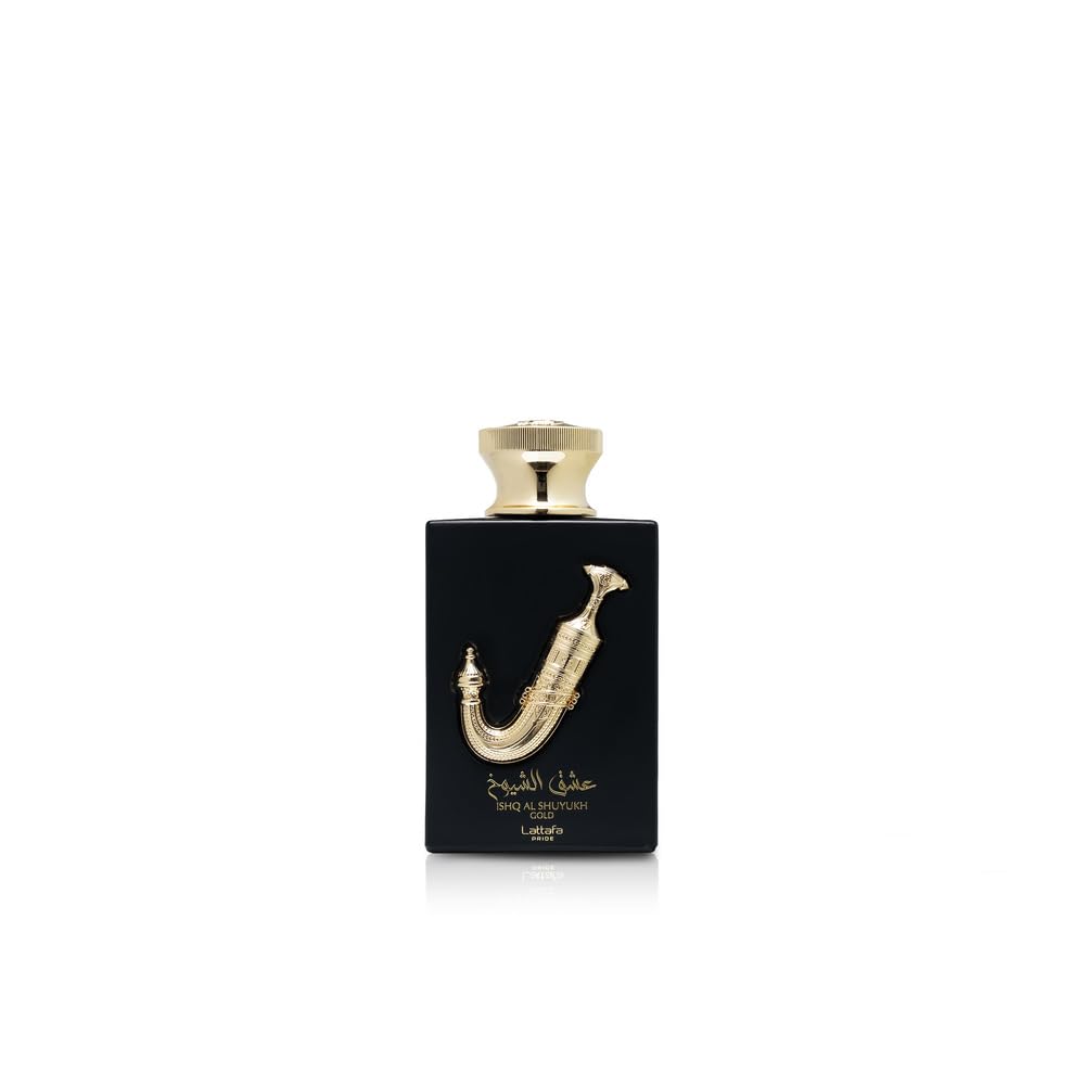 Lattafa Pride Ishq Al Shuyukh Gold bottle front suitable for daily wear.