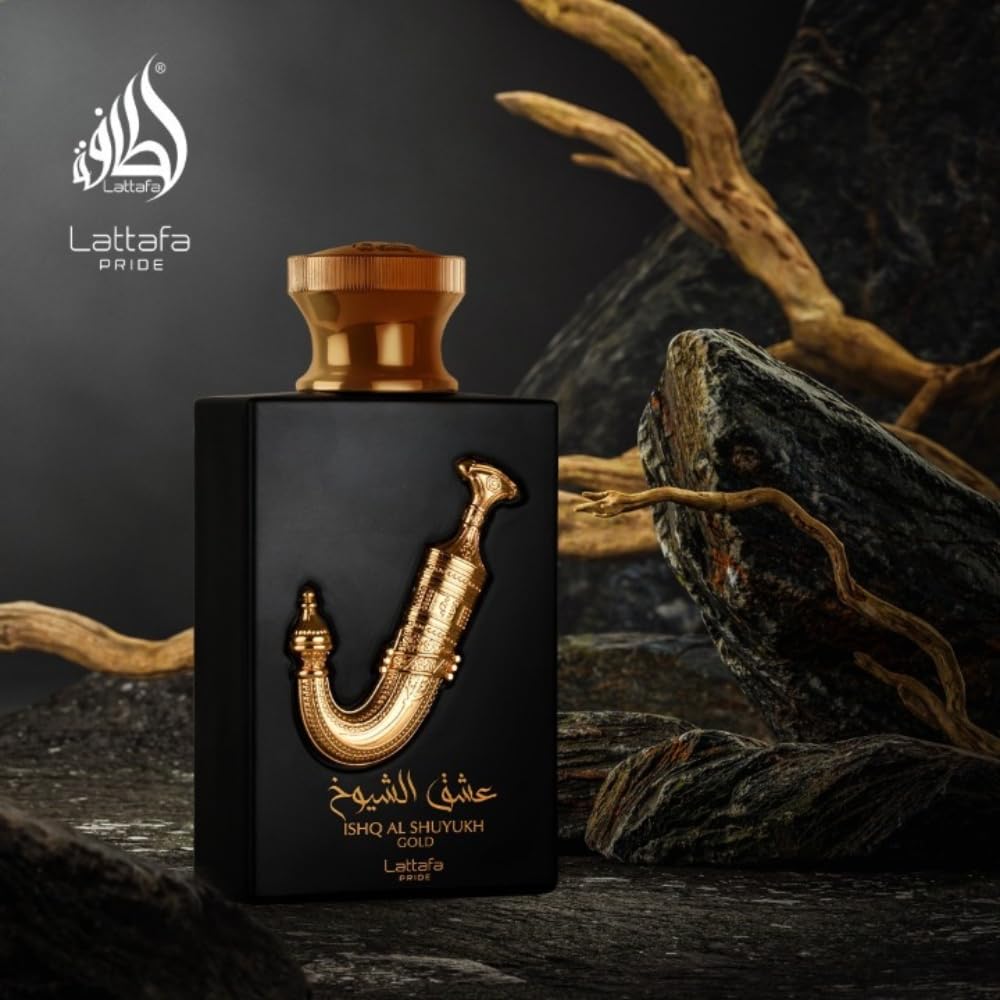 Lattafa Pride Ishq Al Shuyukh Gold in-hand view for travel-ready elegance.