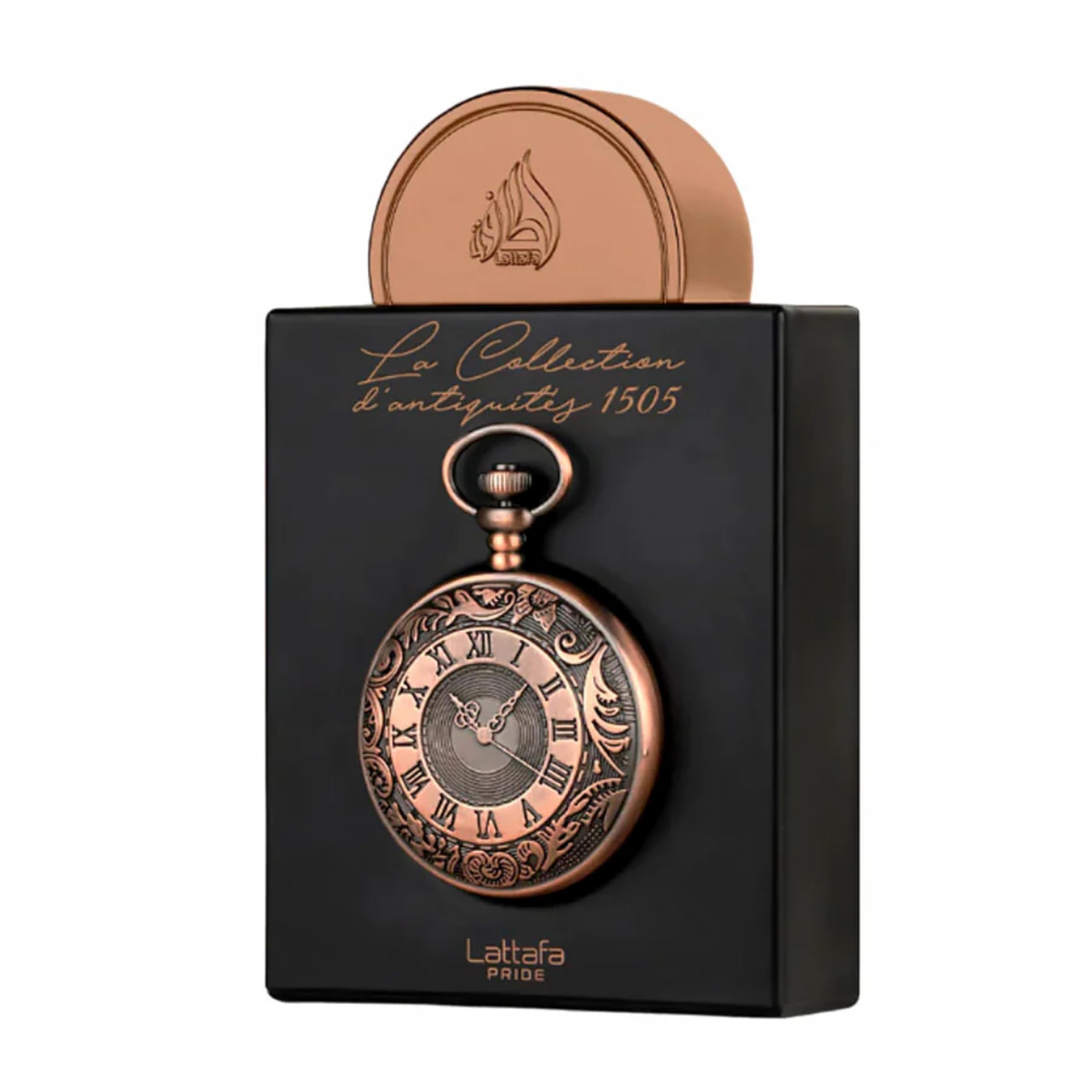 Lattafa Pride La Collection d'Antiquites 1505 bottle pour highlights cherry-saffron top notes for warm allure.