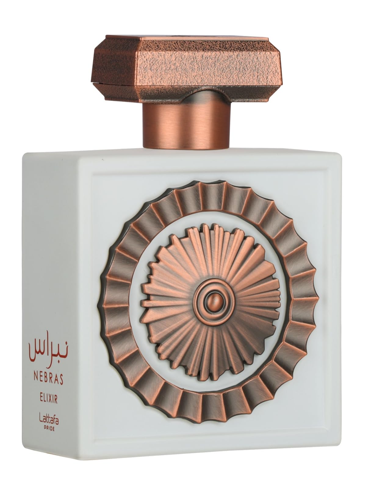 Lattafa Pride Nebras Elixir bottle closeup – creamy milk and vanilla notes for cozy evenings.