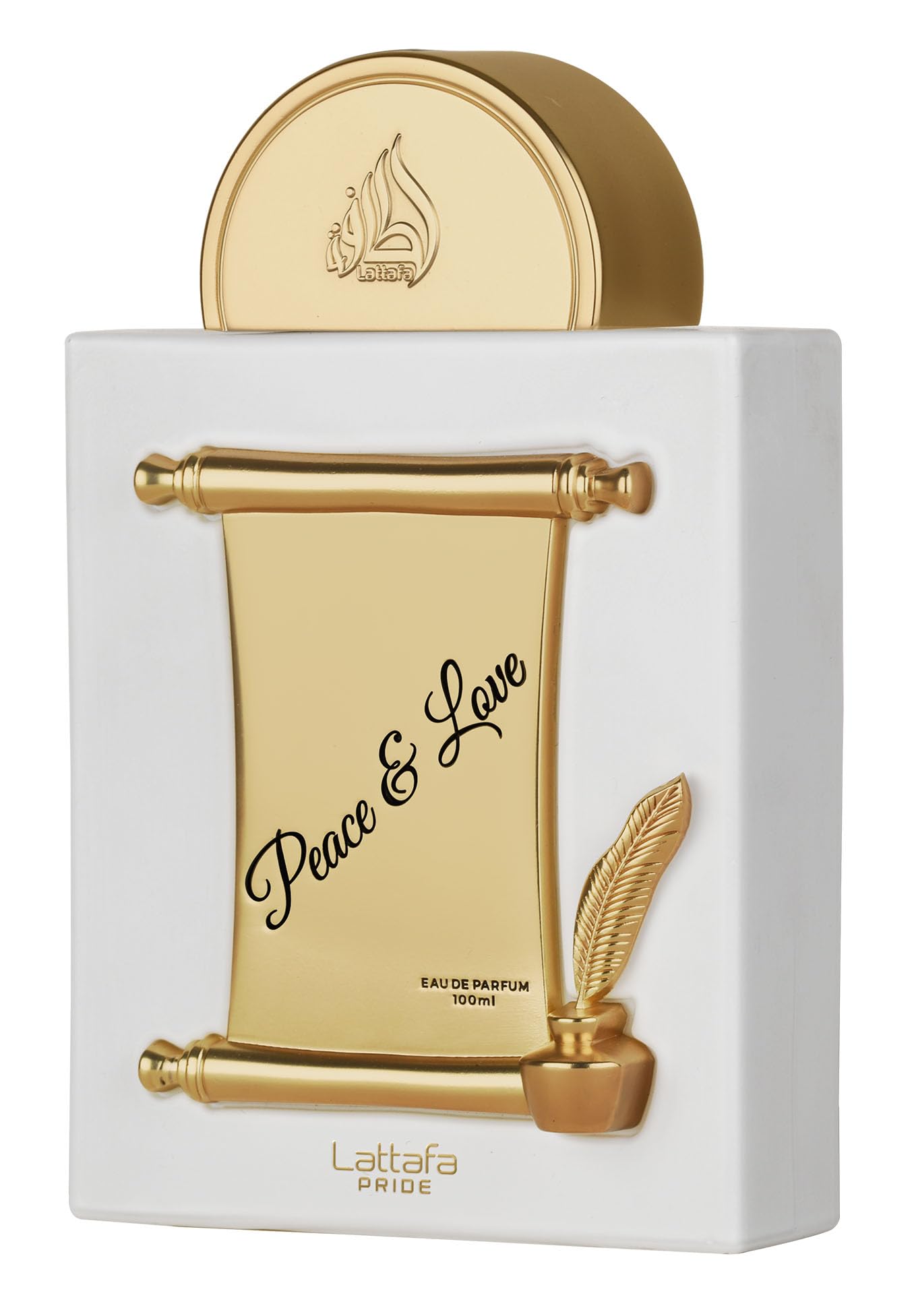 Lattafa Pride Peace & Love bottle-front view signals premium packaging for everyday elegance.