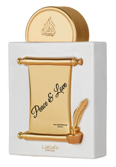 Lattafa Pride Peace & Love bottle-front view signals premium packaging for everyday elegance.