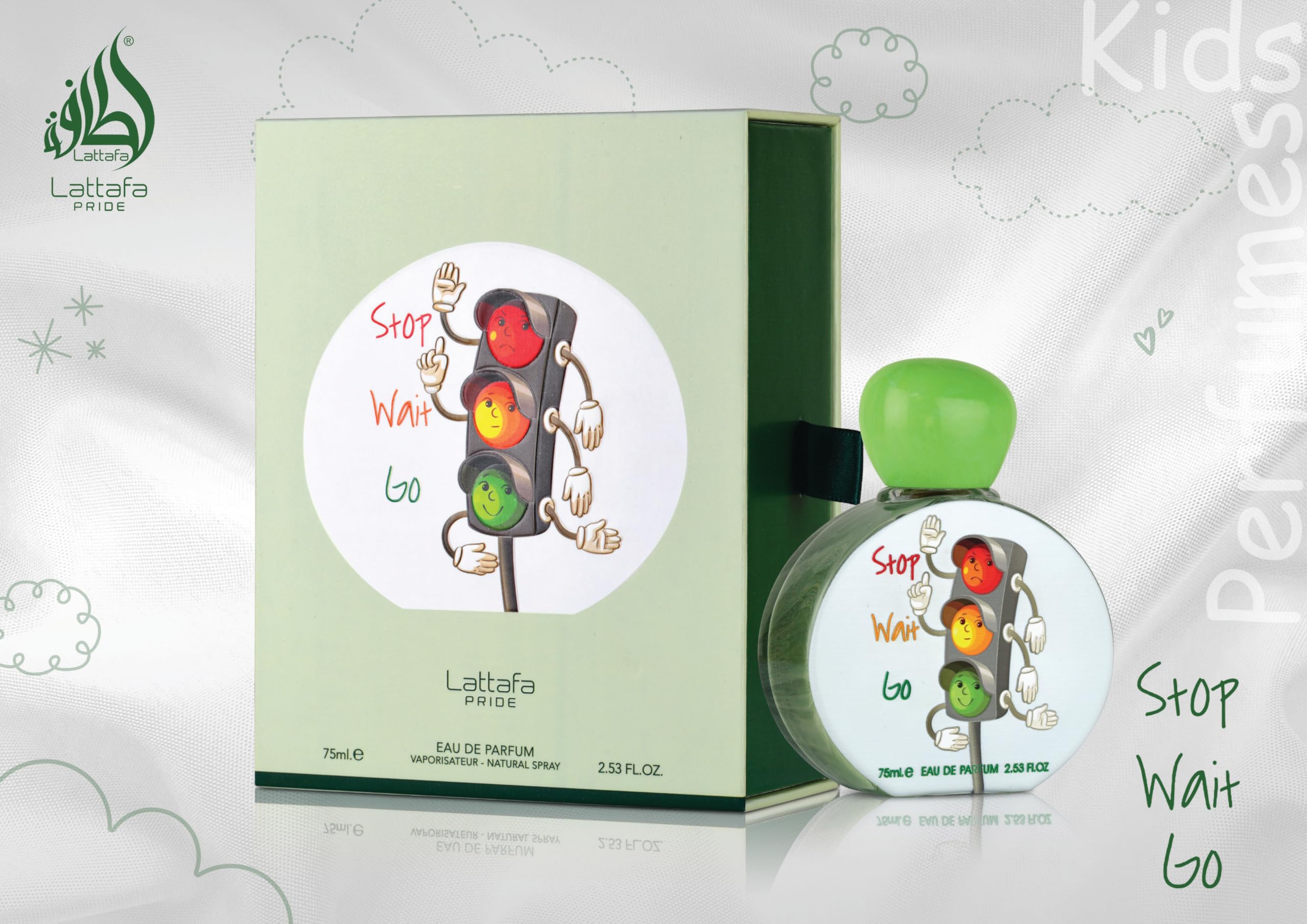 Lattafa Pride Stop Wait Go for Kids packaging front, vibrant branding for easy recognition.