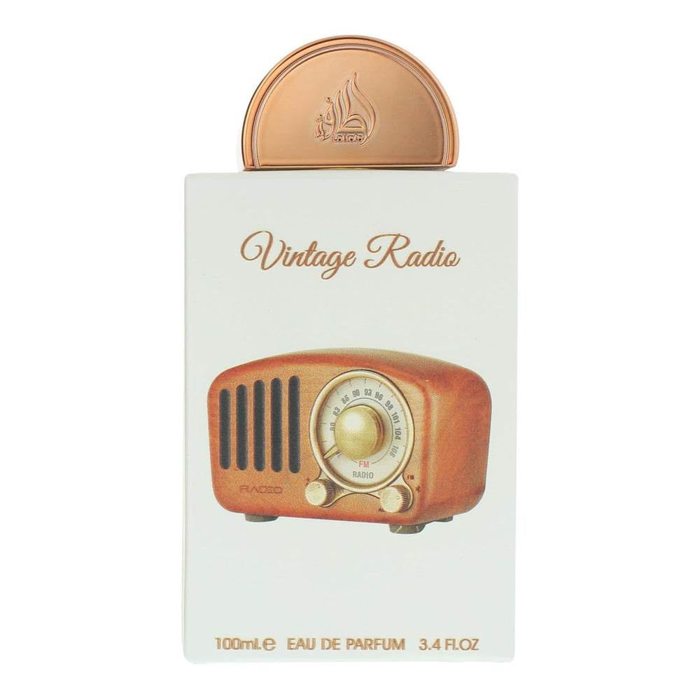 Lattafa Pride Vintage Radio bottle closeup label highlights lavender and bergamot notes