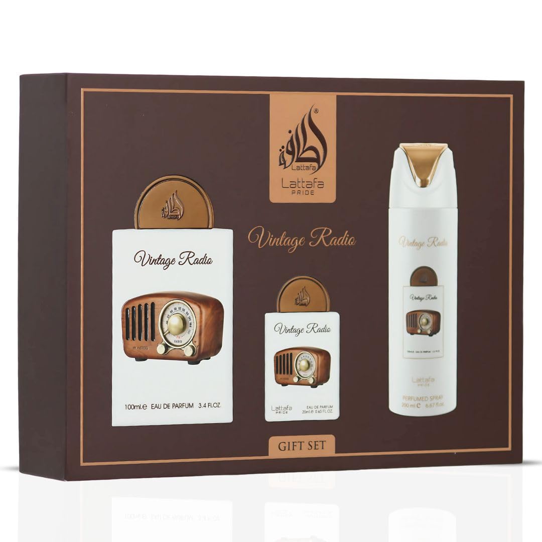 Lattafa Pride Vintage Radio 100ml EDP bottle showcases bold lavender and sage for everyday confidence.