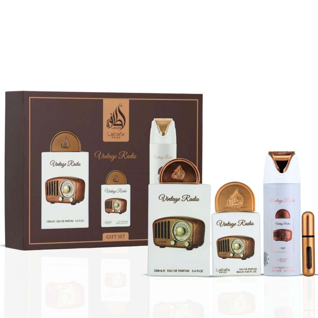 Lattafa Pride Vintage Radio notes profile image emphasizes lavender, plum, sandalwood for a refined aroma.