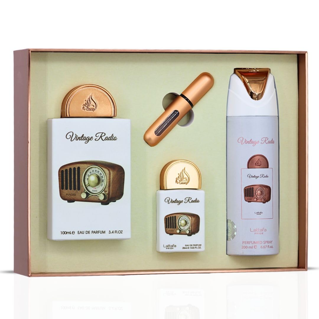 Lattafa Pride Vintage Radio perfumed spray 200ml highlights warm base with sandalwood and oud for lasting presence.