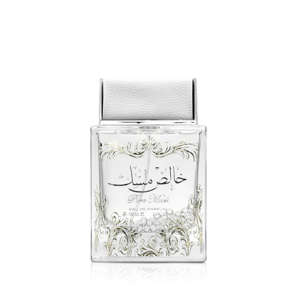 Lattafa Pure Musk bottle showcases the elegant unisex fragrance for daily wear.