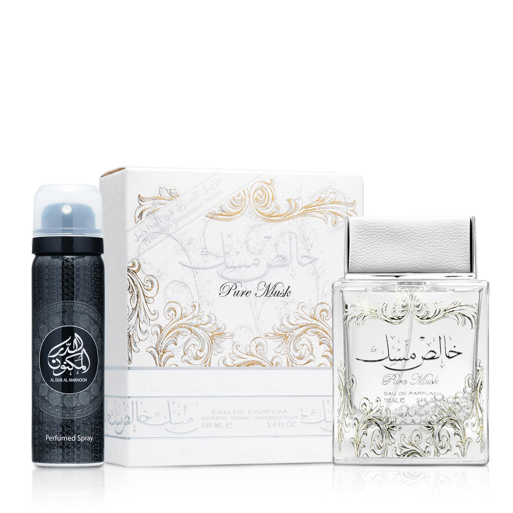 Lattafa Pure Musk packaging highlights premium heritage and Halal-friendly fragrance.