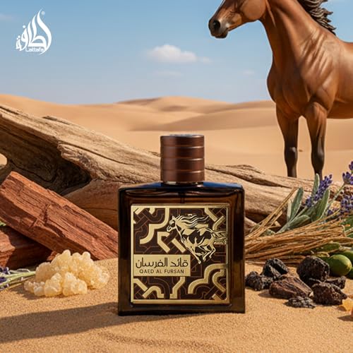 Lattafa Qaed Al Fursan Untamed bottle-angle highlights warm spices and aromatic heart