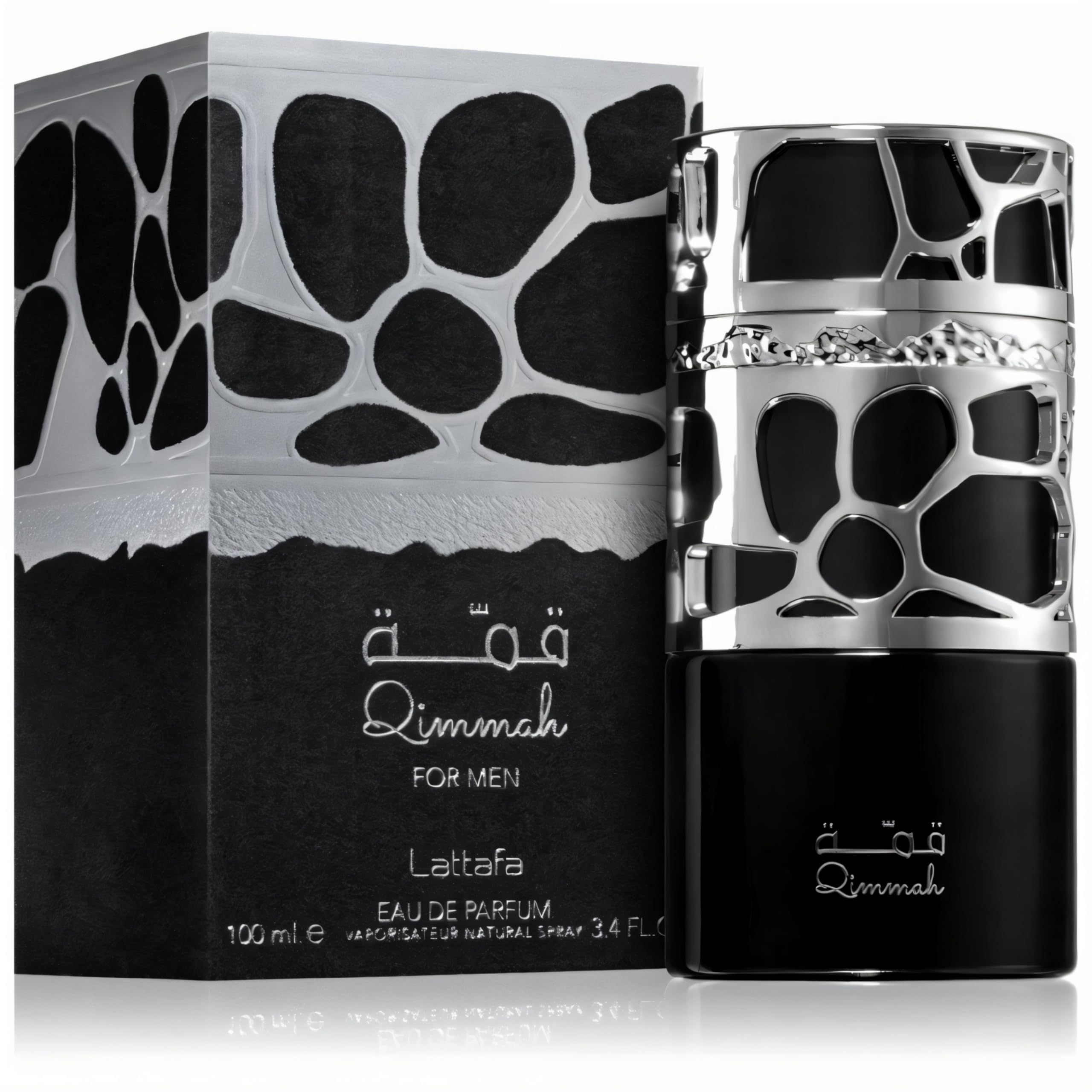 Lattafa Qimmah bottle highlighting woodsy base notes for versatile scent.