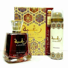Lattafa Raghba EDP bottle close-up shows sleek glass and a modern cap for everyday elegance.