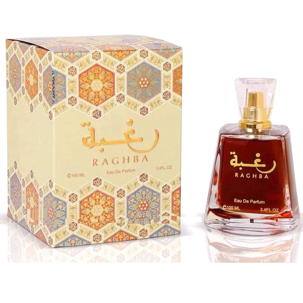 Lattafa Raghba EDP spray-action shot demonstrates easy application.