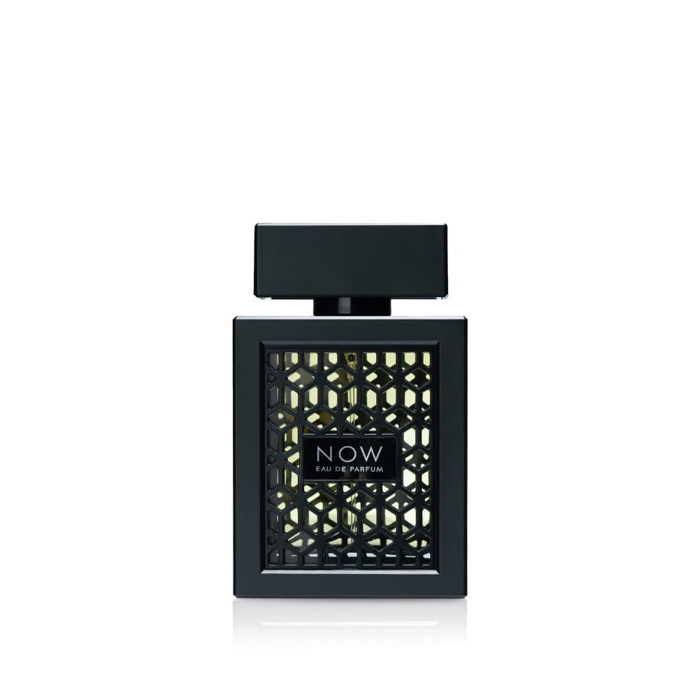 Lattafa RAVE Now bottle in black geometric design signaling bold confidence.