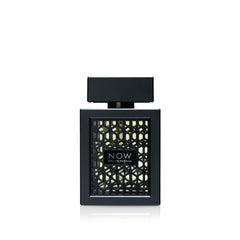 Lattafa RAVE Now bottle in black geometric design signaling bold confidence.