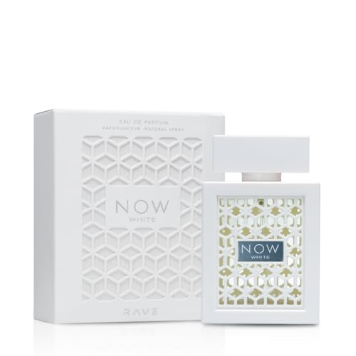 Lattafa Rave Now White packaging close-up, premium unisex fragrance ideal for gifting.