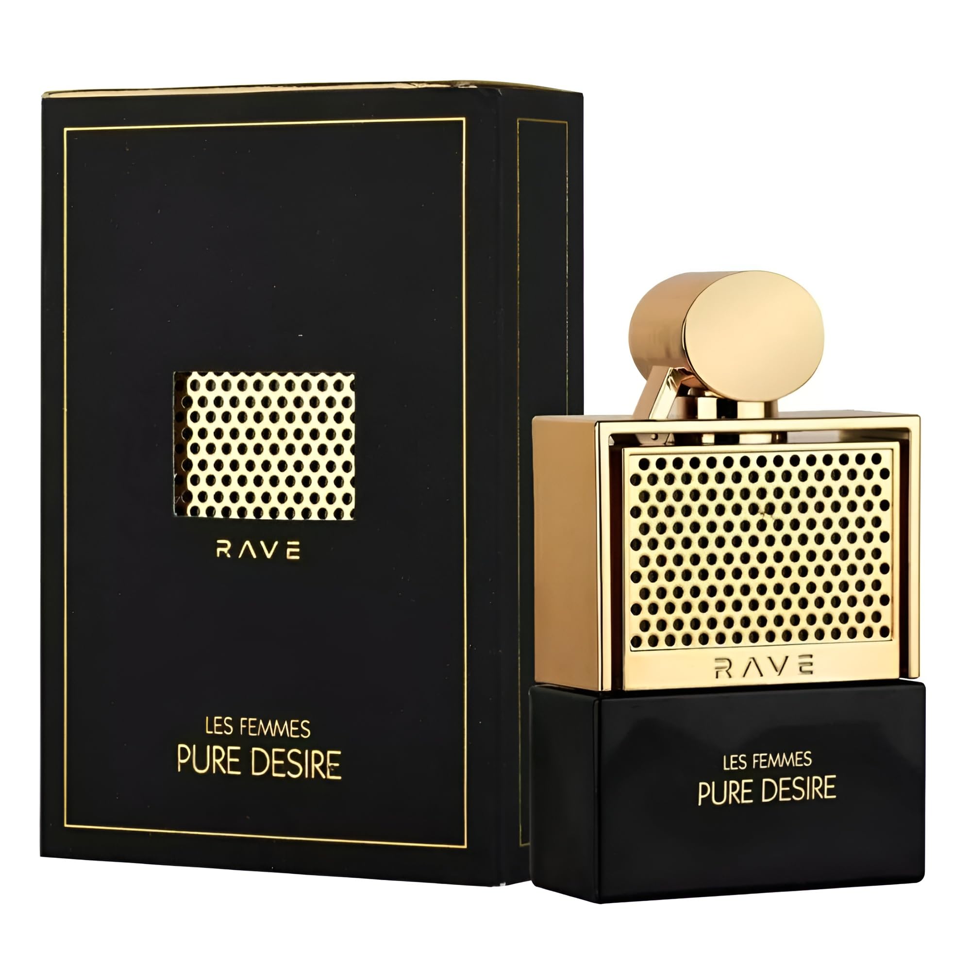 Lattafa Rave Pure Desire Gold bottle reveals floral notes, ideal for elegant evening wear.