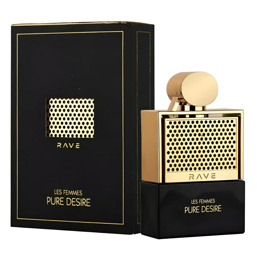 Lattafa Rave Pure Desire Gold bottle reveals floral notes, ideal for elegant evening wear.