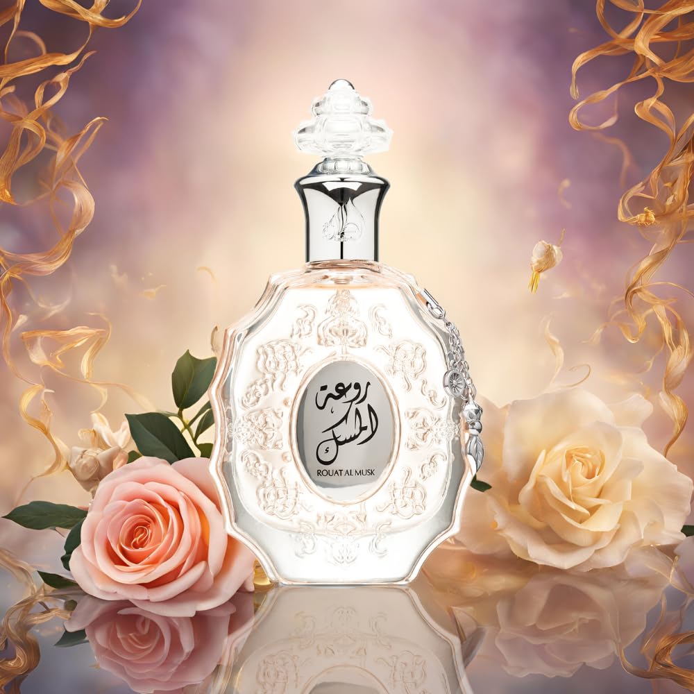 Lattafa Rouat Al Musk model shot highlights blue gold elegance for gifting display